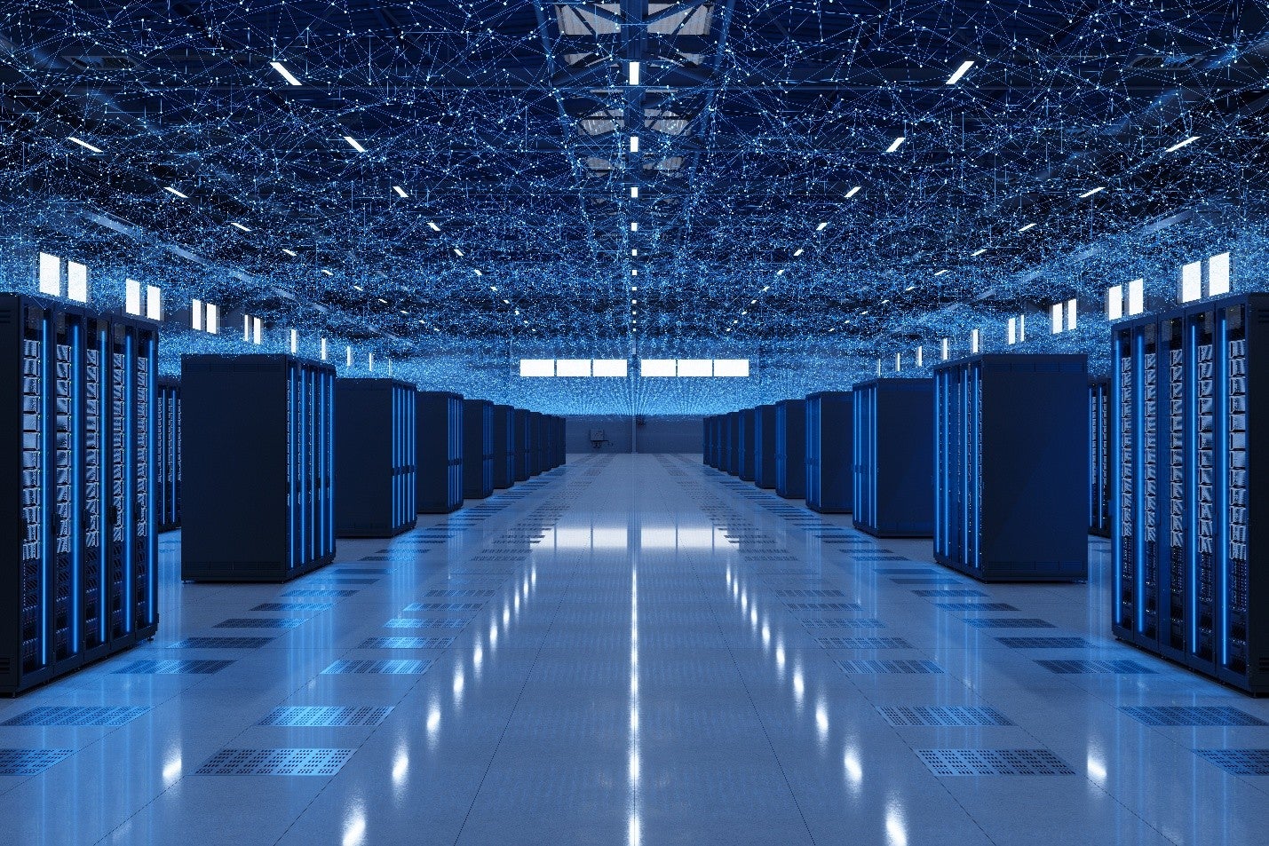 Modern data center interior with rows of blue-lit server racks and a glowing digital network overlay symbolizing cloud computing, AI processing, and high-performance data infrastructure.
