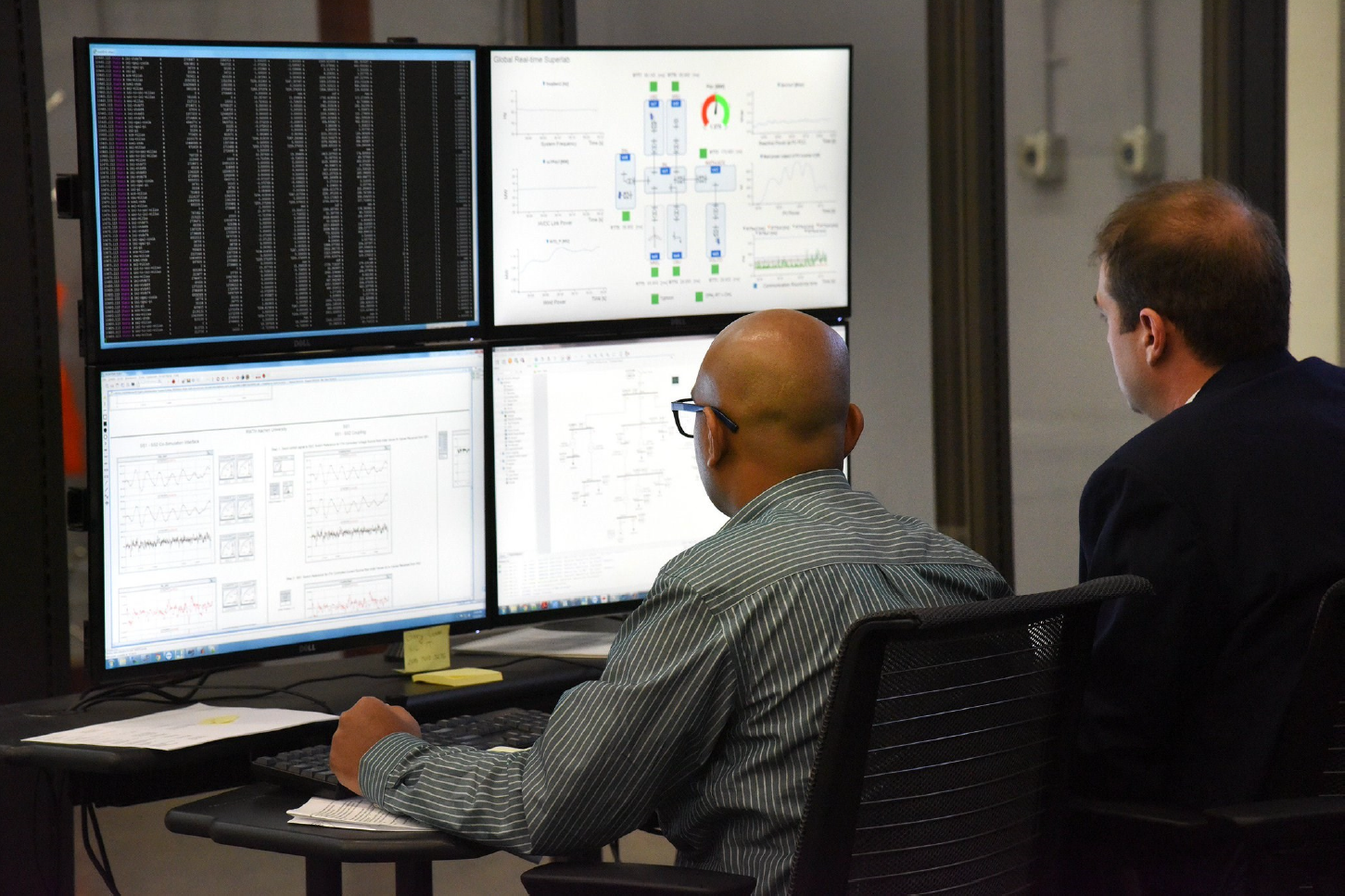 The control center at Idaho National Laboratory (INL) during the Global RT-Super Lab demonstration, featuring multiple workstations with real-time simulation monitoring screens and OPAL-RT equipment used in the transatlantic distributed co-simulation experiment.