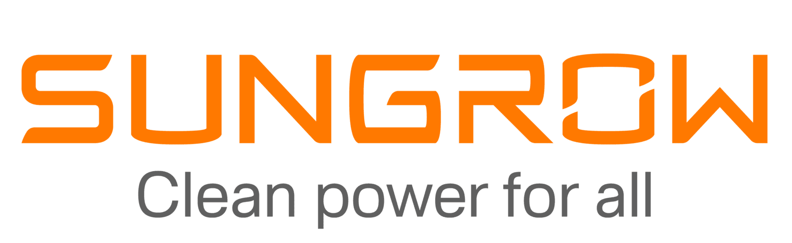 Sungrow Power Supply logo with bright orange text and the slogan "Clean power for all" in gray underneath.