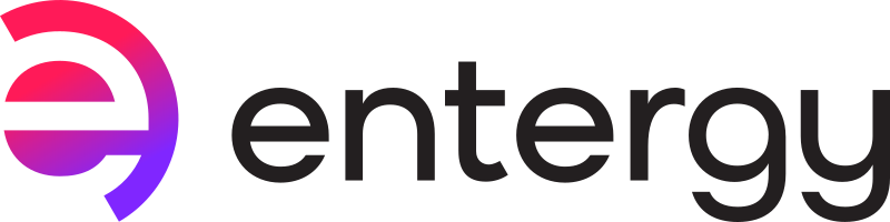 Entergy logo displaying a stylized lowercase 'e' in gradient shades of pink and purple, followed by black text spelling 'entergy'.