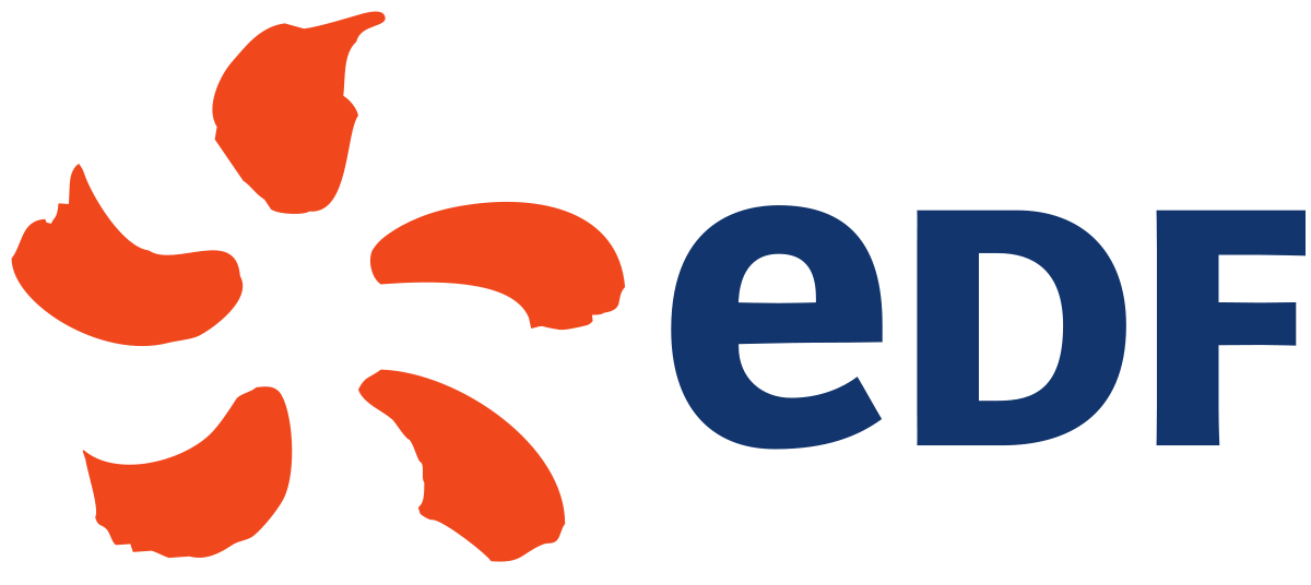 EDF logo with orange turbine icon and blue letters, representing Électricité de France and its global energy services.