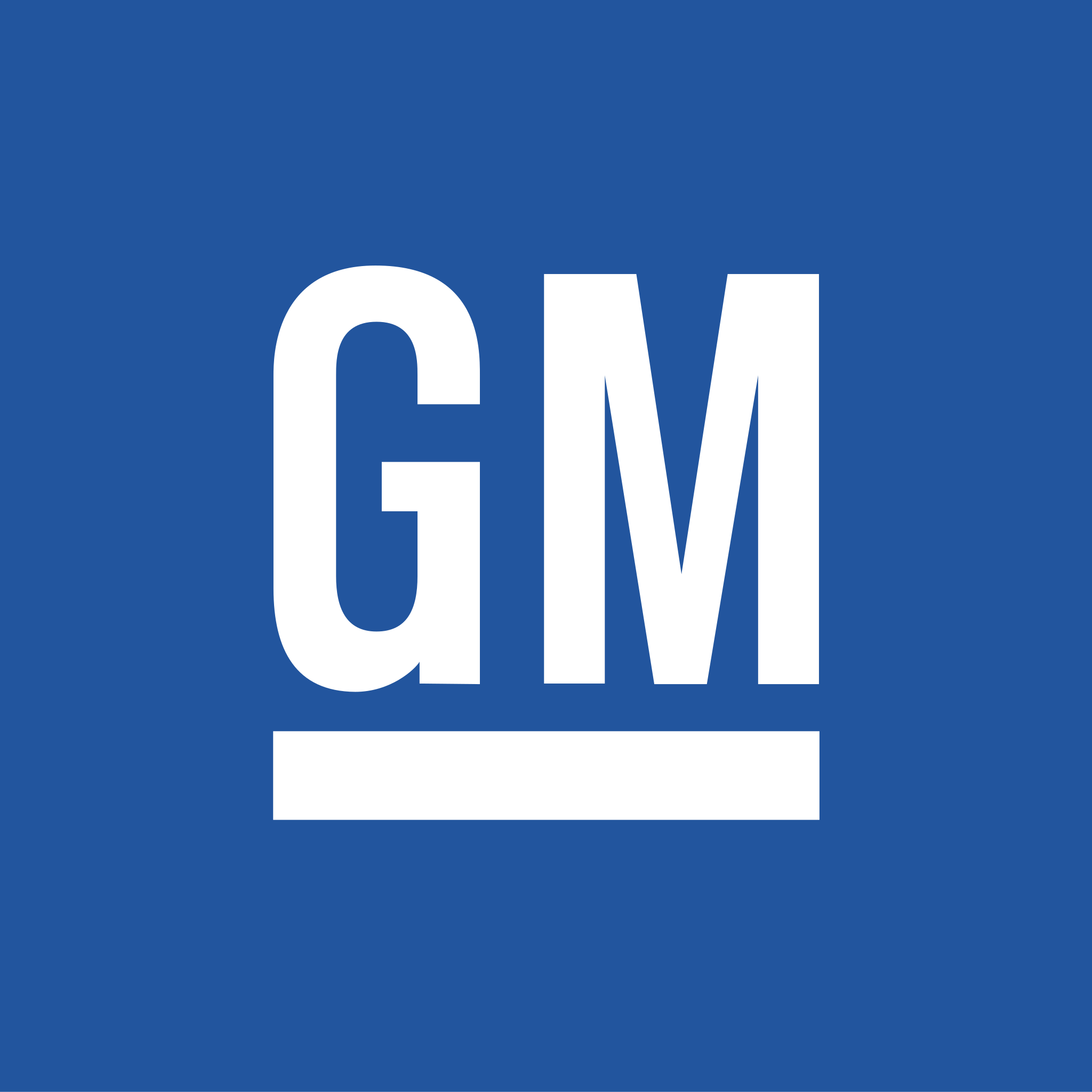 GM logo in bold white letters on a blue background, representing General Motors, the American multinational automotive corporation.