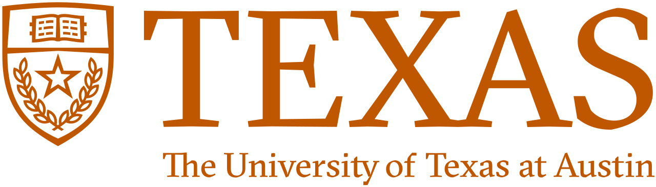 德克萨斯大学奥斯汀分校徽标--焦橙色盾牌，上面有一本打开的书、星星和月桂树叶，以及醒目的 "TEXAS "字样，代表着这所美国顶尖的研究机构。