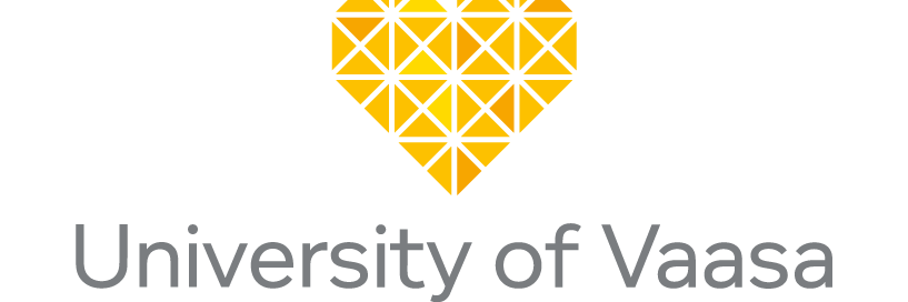 University of Vaasa logo with geometric yellow heart and gray text, representing the Finnish university known for business, technology, and energy research.