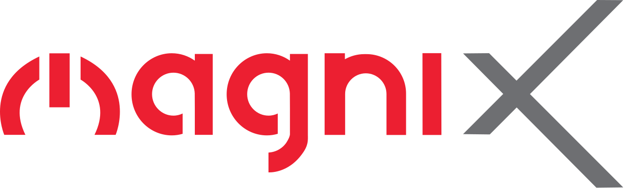 magniX logo in red and gray, symbolizing innovation in electric propulsion systems for aviation.