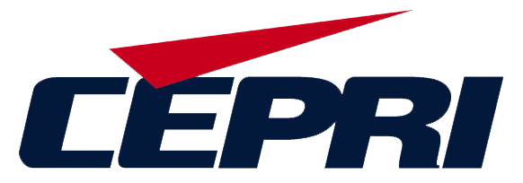 CEPRI logo with bold, navy blue letters and a dynamic red triangular accent above the "E," representing the China Electric Power Research Institute.