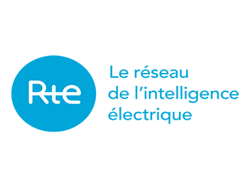 RTE (Réseau de Transport d'Électricité) logo in white text on a blue rectangle background.
