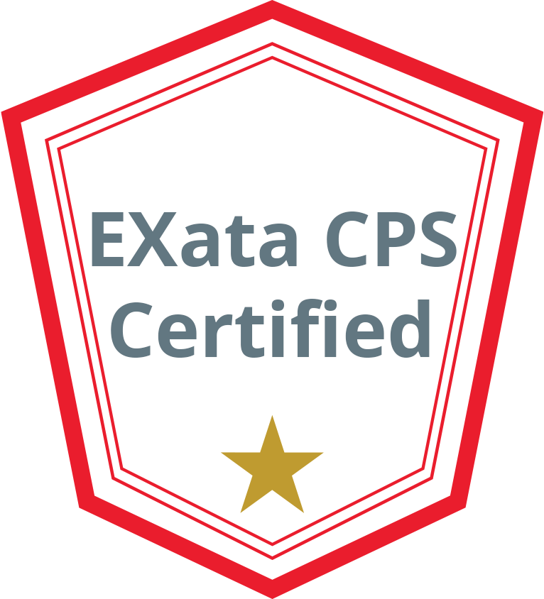 EXata CPS Certified digital badge from OPAL-RT TECHNOLOGIES, recognizing validated expertise in cyber-physical system simulation using EXata CPS tools.