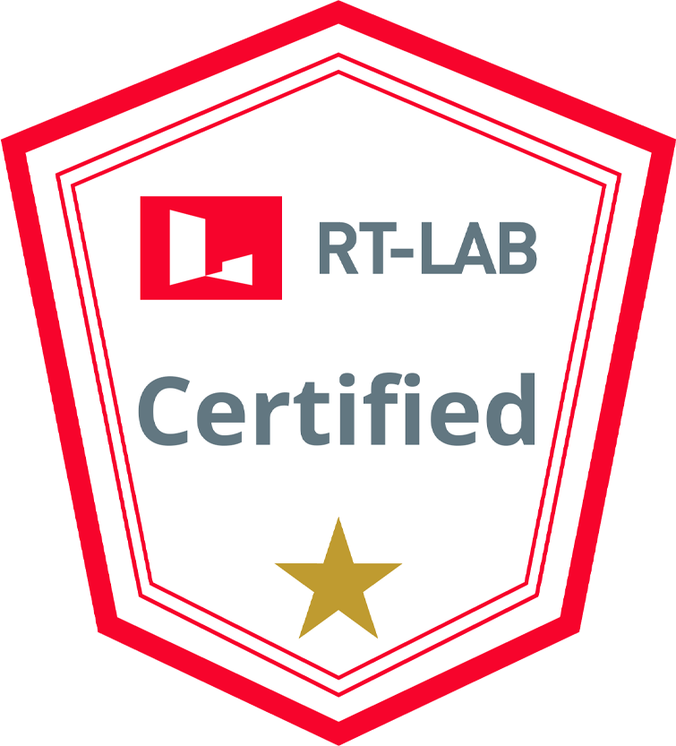 RT-LAB Certified digital badge from OPAL-RT TECHNOLOGIES, representing verified expertise in real-time simulation using the RT-LAB software platform.