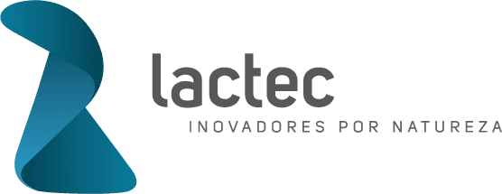 Abstract teal ribbon symbol and gray text “lactec – Inovadores por Natureza,” representing Brazilian innovation institute Lactec.