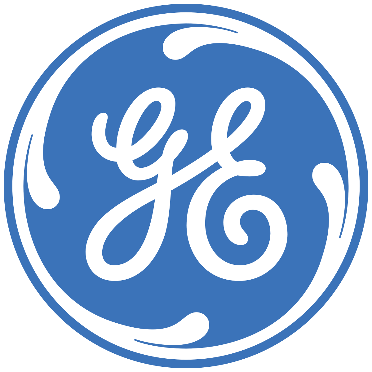 General Electric (GE) logo in white script inside a blue circular emblem, representing global innovation in energy, aviation, and healthcare technologies.