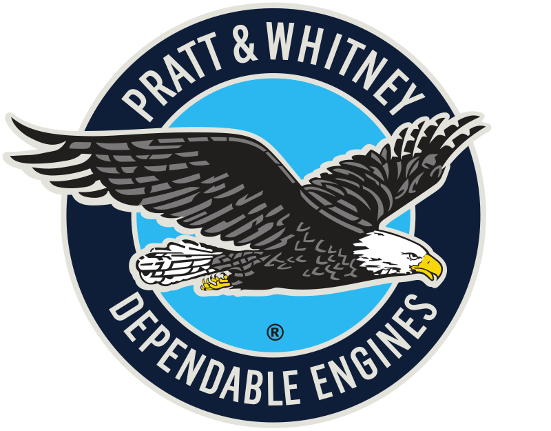 Pratt & Whitney logo featuring a bald eagle in flight with the text "Pratt & Whitney Dependable Engines" in a circular blue and navy emblem.