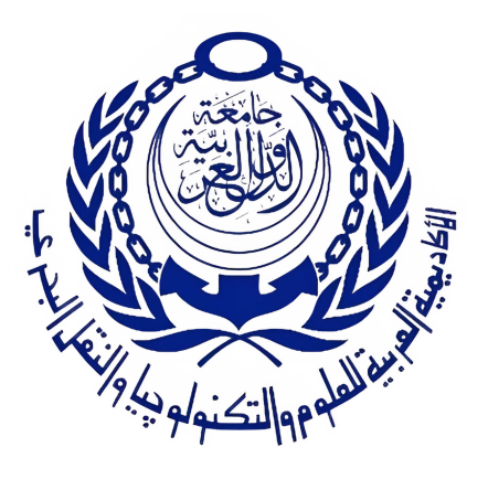 The logo of the Arab Academy for Science, Technology & Maritime Transport (AASTMT) features an anchor at the bottom, encircled by a chain and laurel wreath. In the center, Arabic calligraphy is prominently displayed inside a globe, symbolizing education and global reach.