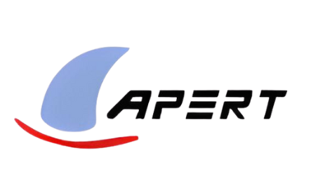The APERT logo features a stylized light blue sail-like shape on the left, paired with a red swoosh beneath it that resembles a wave or underline. To the right of the sail, the acronym "APERT" is displayed in bold, black, italicized letters, conveying a sense of motion and technological advancement.