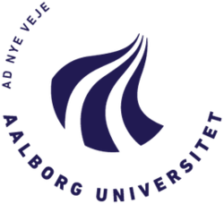 The Aalborg University logo features three dark blue stylized flame or wing shapes that curve upward, suggesting motion and innovation. These elements are enclosed by the university's name, "AALBORG UNIVERSITET," written in uppercase letters along a semi-circular path at the bottom, with the motto “AD NEW IDEAS” curved along the top left side.