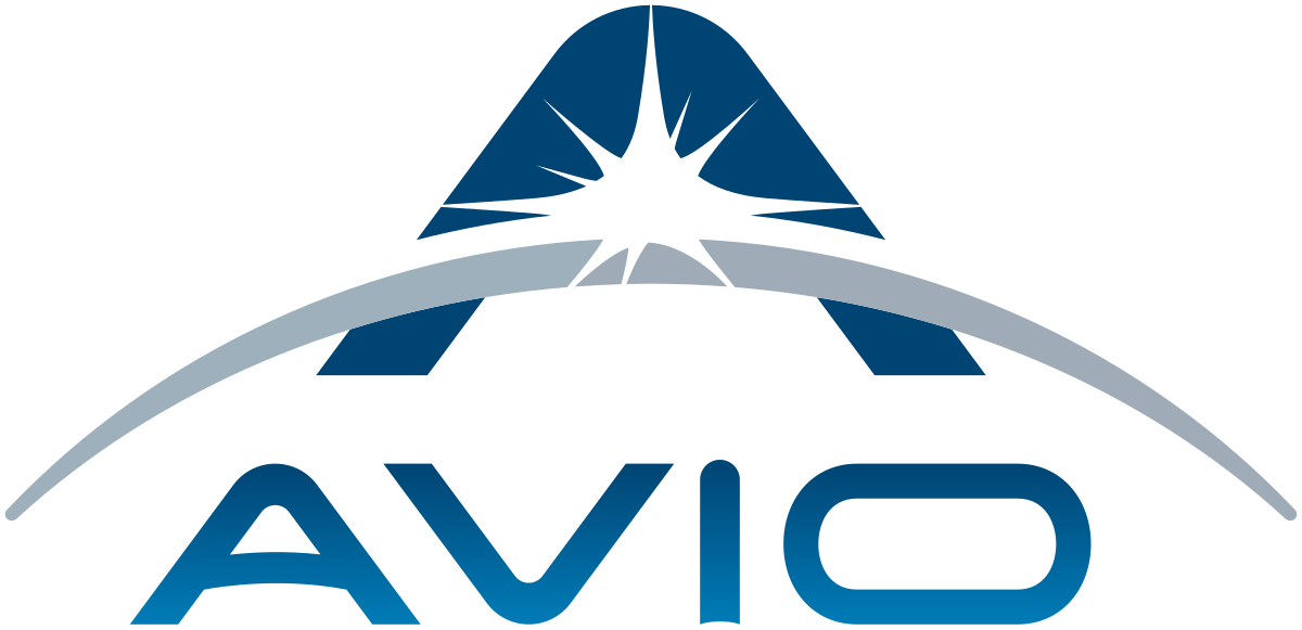 Avio logo featuring a stylized capital “A” with a central starburst and an arc suggesting a launch trajectory. Below the symbol, the name “AVIO” is written in modern, blue typography. Avio is an Italian aerospace company specializing in space propulsion systems.