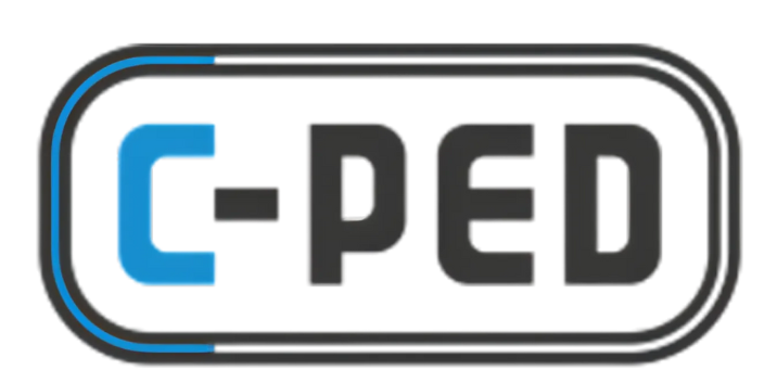 The logo for C-PED features the name in bold, futuristic typography. The “C” is rendered in a bright blue color, while “-PED” appears in solid black. The entire name is enclosed in a rounded rectangular border with a double outline—one black and one blue—that adds a sense of motion and precision. The design conveys a modern and technical identity.