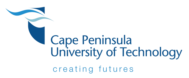 Logo of Cape Peninsula University of Technology featuring a stylized wave and shield design to the left of the name, with the tagline "creating futures" written below in light blue.