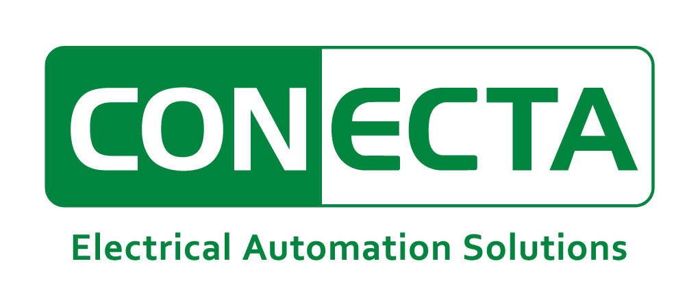 Logo of Conecta. The design features the word "CONECTA" in bold uppercase letters, split into two segments with "CON" in white on a green background and "ECTA" in green on a white background, all enclosed in a rounded rectangular border. Below the logo, the tagline reads “Electrical Automation Solutions” in green text.