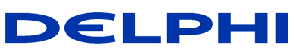 Delphi logo in bold blue capital letters. Delphi is a technology company specializing in automotive electronics and powertrain systems for advanced vehicle performance.