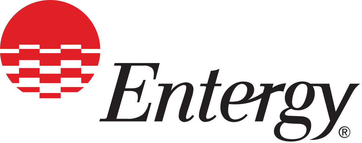 Entergy logo featuring a red half-sun composed of staggered blocks above a stylized black serif wordmark spelling "Entergy."