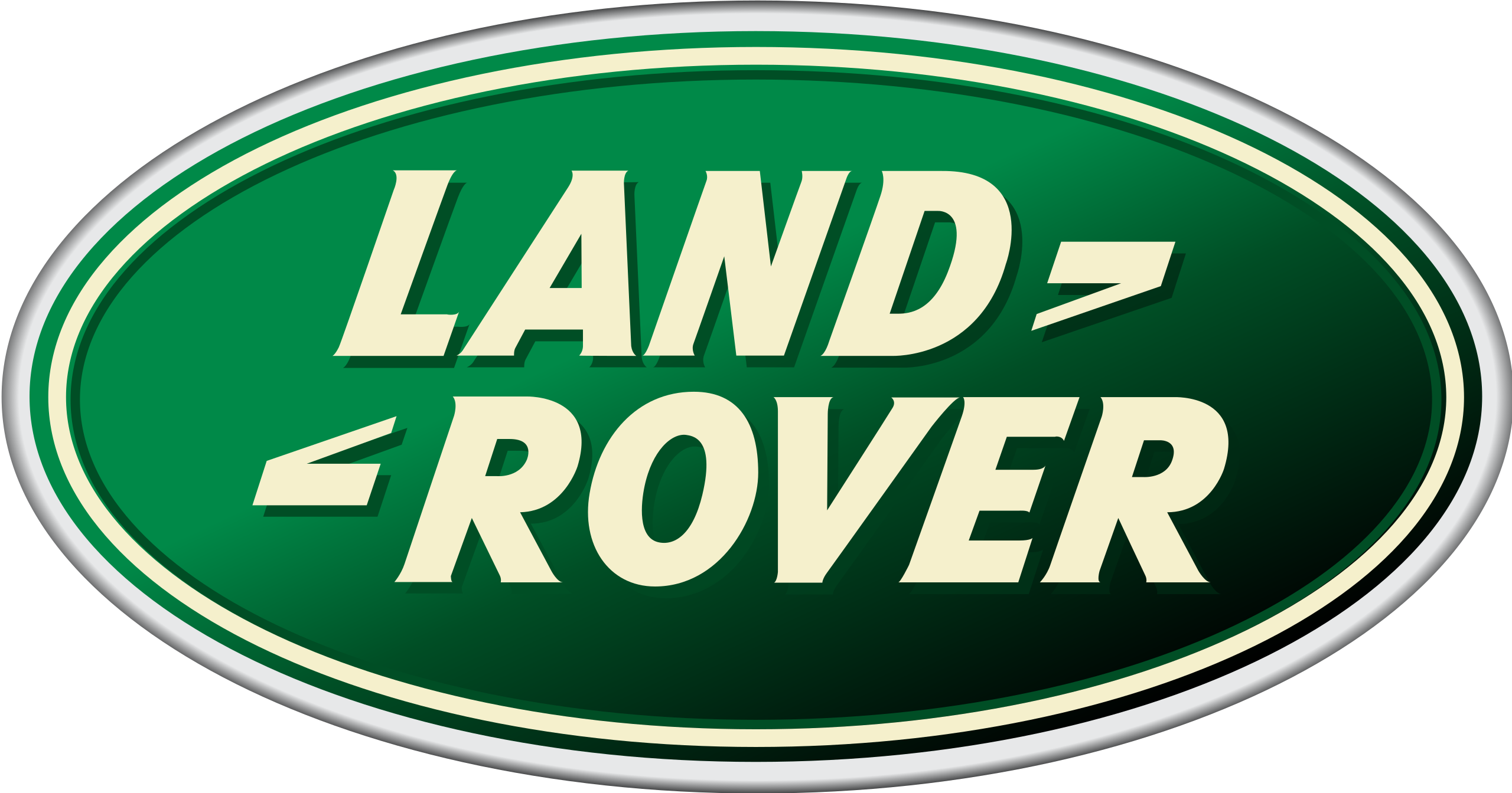 Land Rover logo with bold cream-colored text reading "LAND ROVER" set diagonally inside a green oval with cream and green outlines. Known for rugged, off-road capable luxury vehicles.