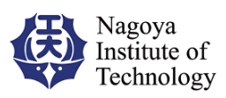 Logo of Nagoya Institute of Technology. The design features a dark blue emblem consisting of a stylized geometric shape with a central kanji character enclosed within a circular, gear-like outline. To the right of the emblem, the text reads “Nagoya Institute of Technology” in black serif font.