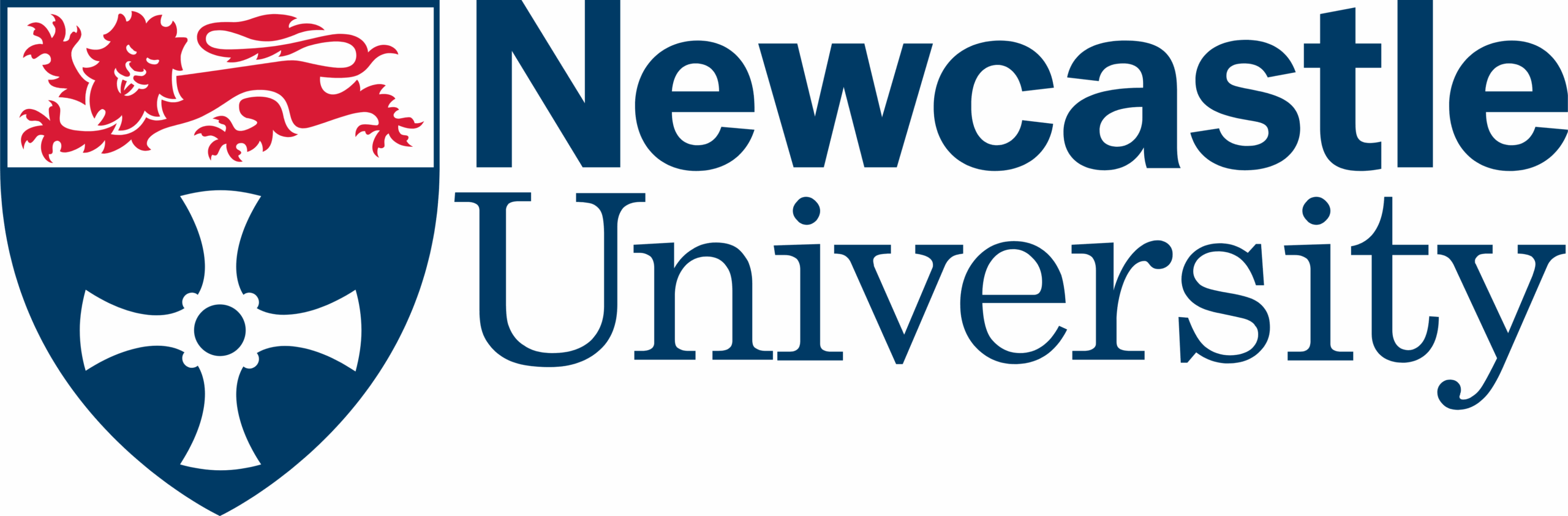 Logo of Newcastle University featuring a dark blue shield with a red lion in the upper section and a white cross in the lower section. To the right, the university name is displayed in a clean, bold font: "Newcastle" above "University" in navy blue.