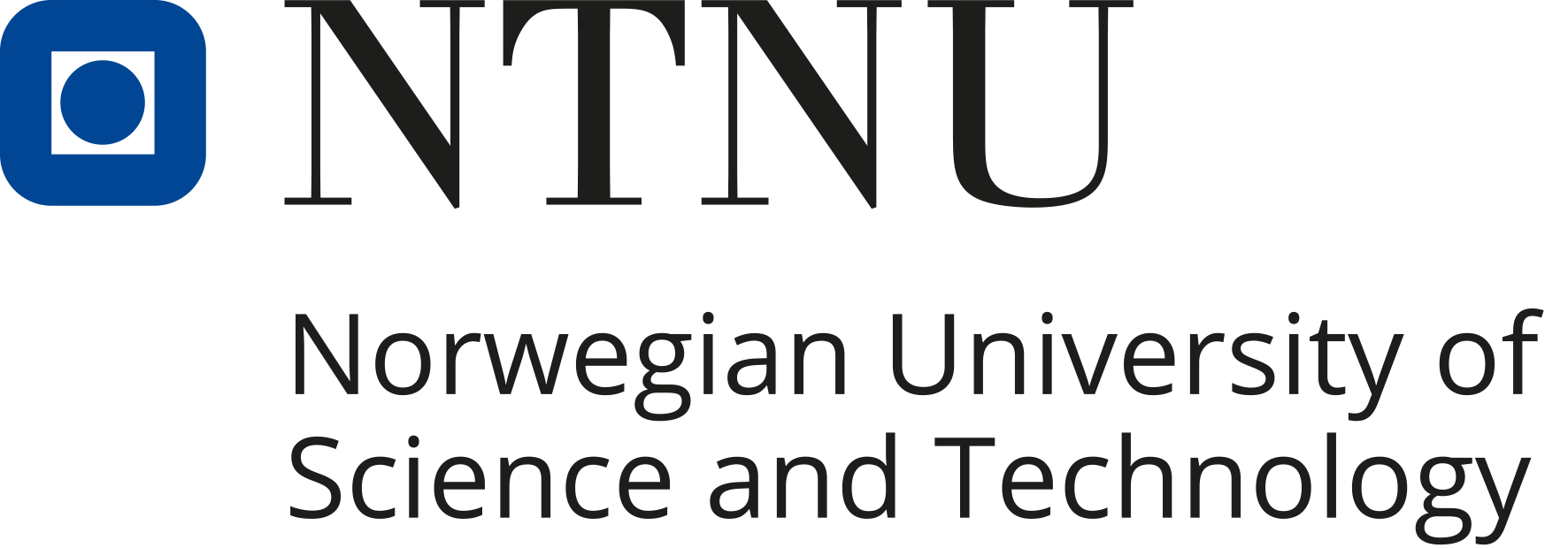 Logo of NTNU – Norwegian University of Science and Technology. The design features a bold black serif "NTNU" beside a blue square icon with a white circle in the center. Below it, the university's full name is written in modern, dark gray text.