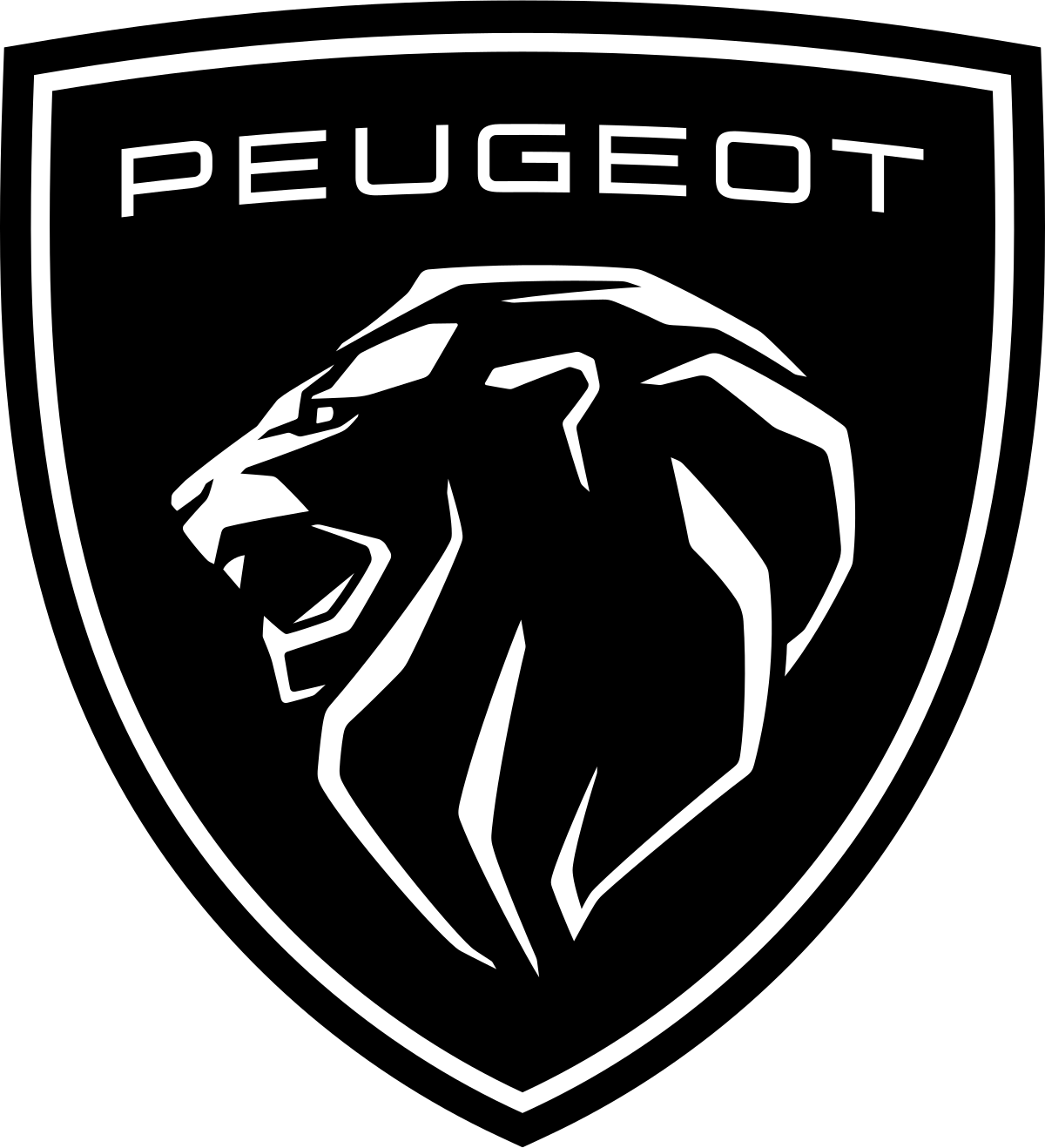 The Peugeot logo features a bold, stylized lion’s head in profile within a black shield outlined in white. The word “PEUGEOT” is displayed in modern, uppercase white lettering above the lion, symbolizing strength and heritage.