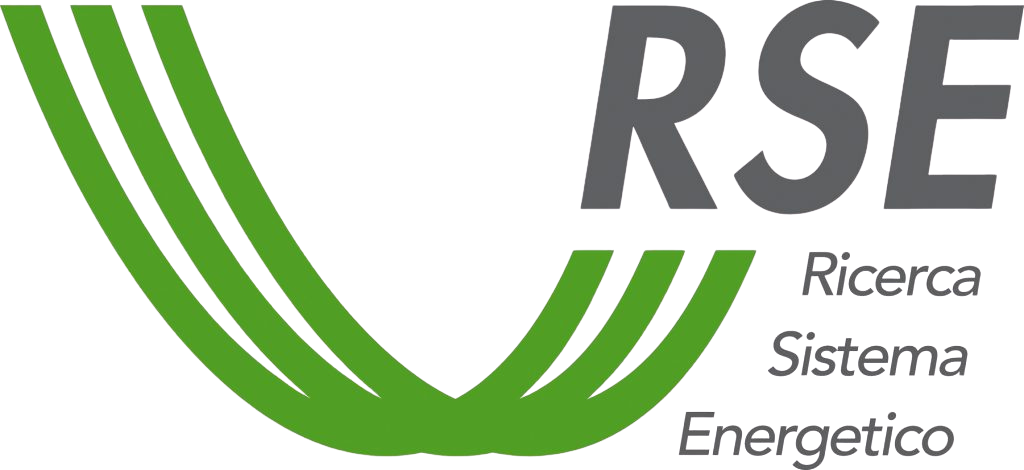 Logo of RSE – Ricerca Sistema Energetico. The design features three green curved lines that form a sweeping upward arc, resembling energy flow or circuitry. To the right, the acronym "RSE" is in bold gray letters, with the full name "Ricerca Sistema Energetico" stacked vertically in a matching gray font.
