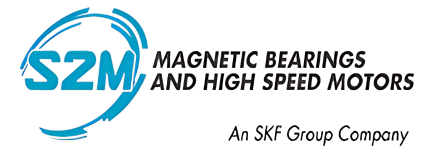S2M logo featuring stylized blue text "S2M" encircled by a partial blue ring, accompanied by black text reading "MAGNETIC BEARINGS AND HIGH SPEED MOTORS" and "An SKF Group Company."