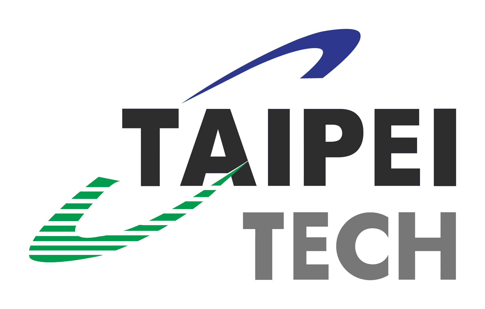 Logo of Taipei Tech with the word "TAIPEI" in bold black uppercase letters and "TECH" in bold gray. A stylized swoosh arcs above and below the text — the top swoosh in solid blue, and the bottom in green with horizontal stripes.