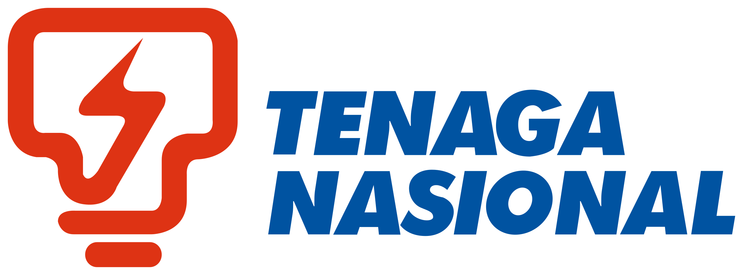 Logo of Tenaga Nasional. It features a bold red icon resembling a stylized power plug with a lightning bolt in the center, representing electricity. To the right of the symbol, the company name "TENAGA NASIONAL" is written in strong blue uppercase letters in a modern sans-serif font, with "TENAGA" stacked above "NASIONAL."