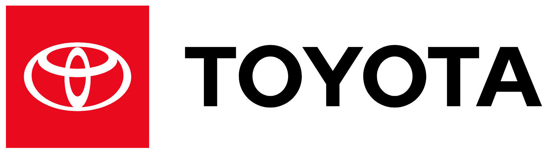 Toyota logo with red square background and white emblem next to black text, representing the global Japanese automotive manufacturer known for innovation and hybrid vehicles.