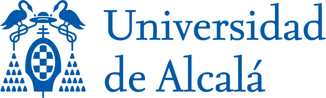 Logo of Universidad de Alcalá featuring a blue emblem with two birds facing a symbolic structure on the left, and the name "Universidad de Alcalá" in blue text on an orange background to the right.
