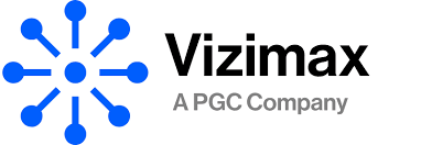 Logo of Vizimax, a PGC Company. The design features a blue circular node with eight lines extending outward, each ending in a smaller circle, resembling a network or radial connection symbol. The name "Vizimax" is written in black text to the right, with "A PGC Company" underneath in smaller gray font.