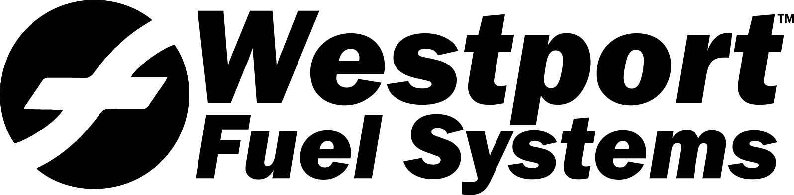The Westport Fuel Systems logo features a bold, black circular emblem with a stylized white "W" or lightning bolt-like shape cutting across it, symbolizing power and innovation. To the right, the company name "Westport Fuel Systems" is displayed in strong, uppercase black text, conveying reliability and technological leadership in clean transportation solutions.