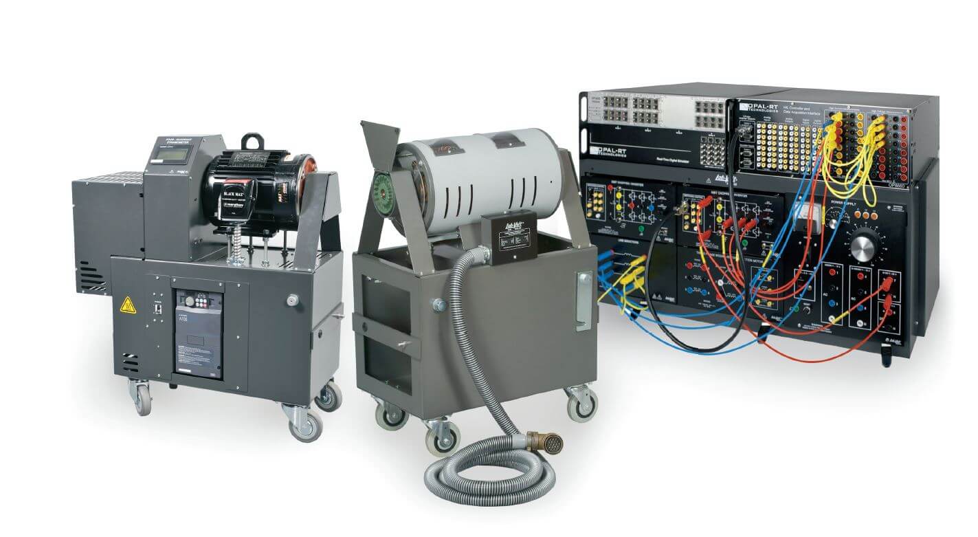 Hardware-in-the-loop (HIL) simulation system featuring OPAL-RT’s real-time digital simulator connected to LabVolt electromechanical training equipment with motors, drives, and power electronics modules.