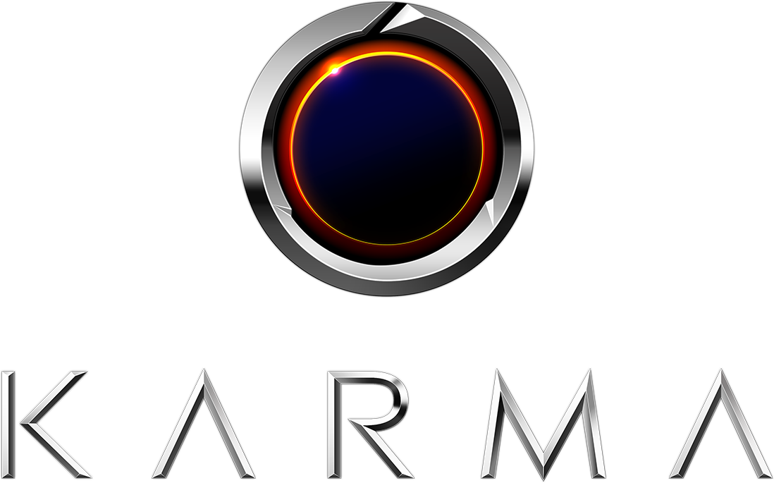 Karma Automotive logo with metallic circular emblem and gradient orb, featuring “KARMA” text, representing luxury electric vehicles.